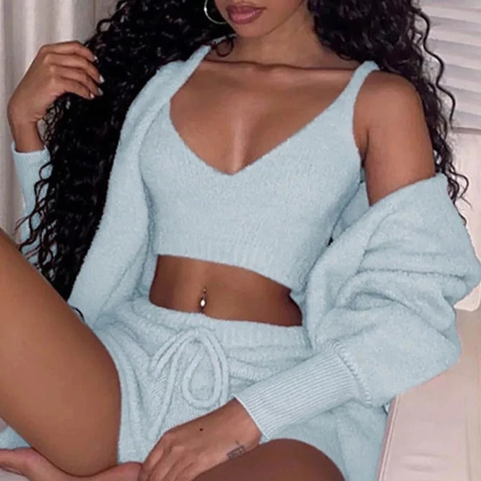3pcs Women's Clothing Long Sleeve Crop Tank Top and Drawstring Shorts Pajama Set