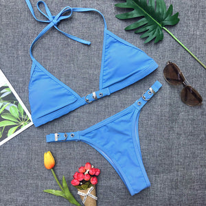 Black adjustable thong bikini set for women with padded chest, Brazilian style, by Hot Trend Vault, suitable for swimwear and beachwear.