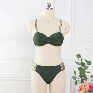 Solid color bandeau bikini set with mid waist and gathered cups, women's swimwear by Hot Trend Vault.