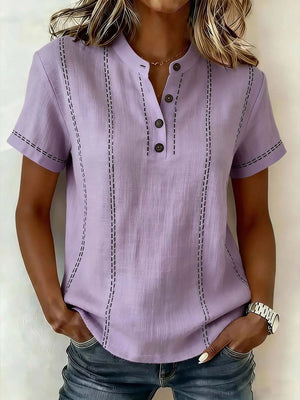 Women's summer striped short sleeve blouse with stand collar, V-neck, and buttons by Hot Trend Vault. Casual and stylish.