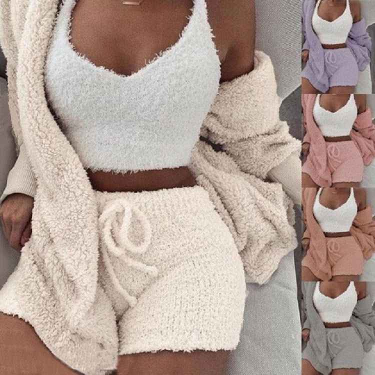 3pcs Women's Clothing Long Sleeve Crop Tank Top and Drawstring Shorts Pajama Set