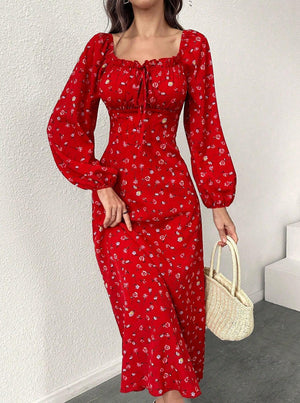 Red Hot Trend Vault women's maxi dress with high waist, belted design, long sleeves, and slim fit for resort style elegance.