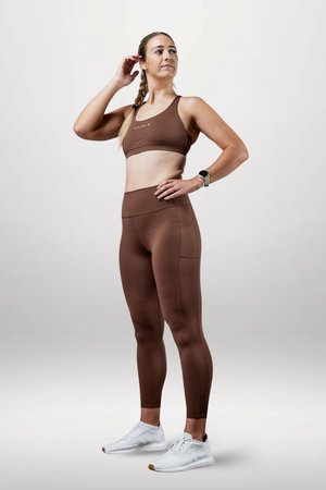 Women's Soho high waist leggings by Varlo in city mocha color, full length with a snug fit and smooth fabric.
