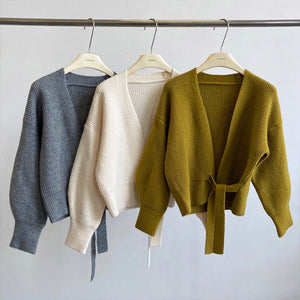 Handmade French retro knitted women's cardigan sweater with V-neck and tie, loose fit, in soft yarn, by Hot Trend Vault.