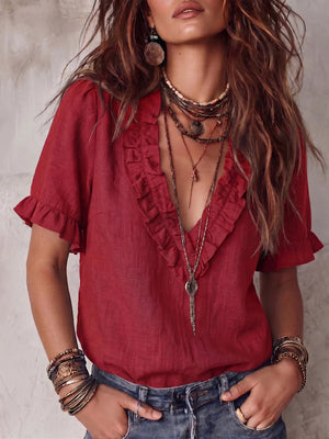 Women's cotton pleated V-neck casual shirt top with flared sleeves, stylish and comfortable from Hot Trend Vault.