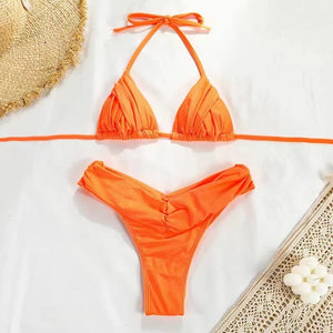 Women's nylon spandex split bikini swimsuit set with triangle top and tie-side bottoms, perfect for summer beachwear.