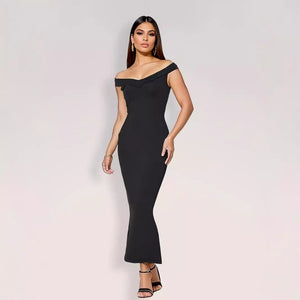 Black women's summer off-shoulder maxi dress with pleated strapless design and sleeveless polyester fabric by Hot Trend Vault.