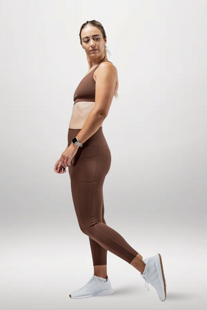 Women's Soho full-length high-waist leggings in city mocha by Varlo, featuring a comfortable fit and sleek style.