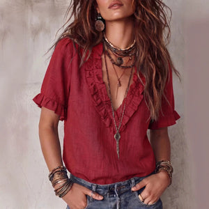 Cotton pleated V-neck casual shirt top with flared sleeves for women, by Hot Trend Vault, shown in a relaxed fit.