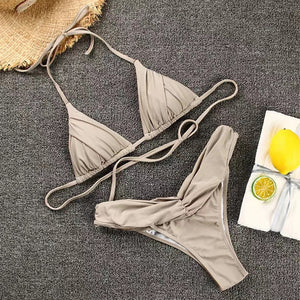 Women's split bikini swimsuit set from Hot Trend Vault, featuring a nylon spandex 2-piece beachwear bikini on a model.