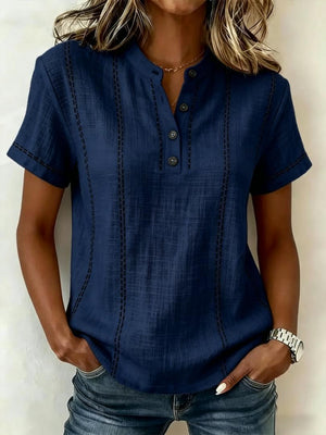 Summer striped short sleeve blouse for women with stand collar, V neck, and button front from Hot Trend Vault.