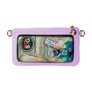 Back view of Hot Trend Vault Bella RFID crossbody purse with gold hardware, showing RFID blocking features and smartphone access pocket.