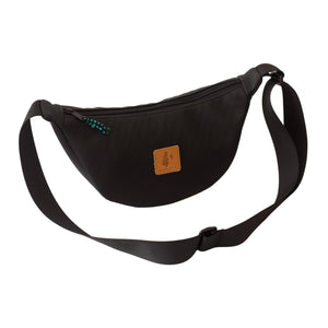 Black round mini vegan leather shoulder bag by Ecodunia with vibrant Kenyan fabric lining.