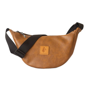 Brown round mini vegan leather shoulder bag with Kenyan fabric lining, compact and stylish by Ecodunia.