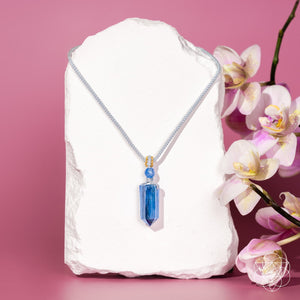 Hot Trend Vault Aura Shield Kyanite pendant for aura cleansing and stress relief, showcasing a polished blue gemstone pendant.