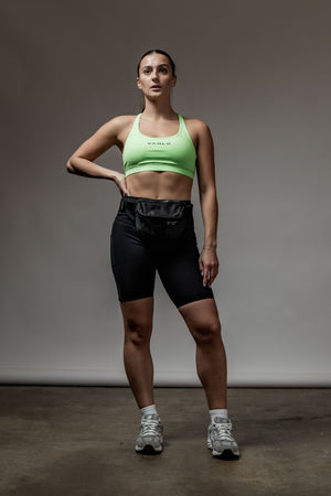 Black SOHO women's technical high rise shorts with 8-inch inseam, featuring a sleek design and comfortable fit.