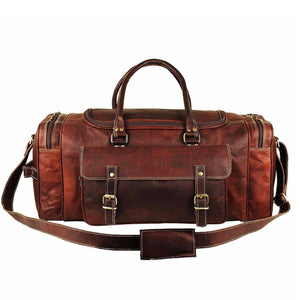 Hot Trend Vault goat leather duffel bag with four exterior pockets, stylish weekender travel bag for men and women.