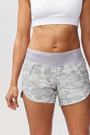 Excel women's workout shorts in ash camo with extra coverage, designed for active sprints, by Hot Trend Vault.