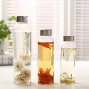 Glass Water Bottle with Stainless Steel Lid and Protective Bag, Sport Bottle, BPA Free, Travel Drink Bottle 360ml, 420 ml, 550ml