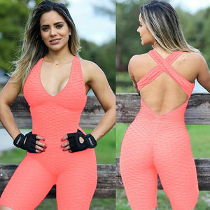 Women Jumpsuit Sleeveless Backcross Short Bodysuit Fitness Women Sport Suit Jacquard Backless Tracksuit Gym Workout Sportswear