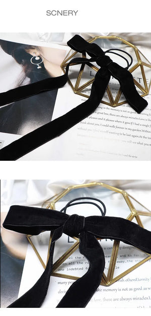 Velvet bow scrunchie by Hot Trend Vault, soft elastic hair accessory for women and girls, featuring a stylish velvet bow design