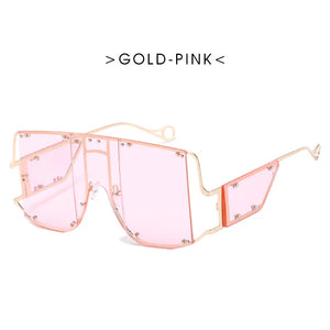 VICKICOCO oversized square sunglasses with vintage metal frame and rivet details, unisex eyewear in a trendy style.