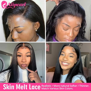 AliPearl Women Remy Brazilian straight hair bundles with 4x4 closure, natural black color and smooth, sleek texture.