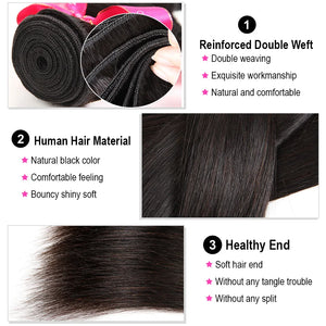 AliPearl Women Remy Brazilian straight bundles with 4x4 closure, natural black hair, and smooth, sleek texture.