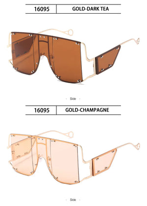 Unisex oversized square sunglasses with vintage metal frame and rivet accents, stylish eyewear from Hot Trend Vault.