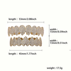 Iced Out CZ grillz set in 14K gold plating for men and women, featuring top and bottom dental jewelry by Hot Trend Vault.
