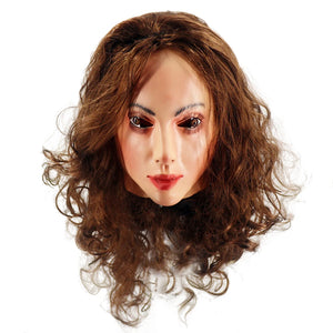 Realistic Female Latex Mask Woman Face Halloween Latex Mask with Wig Lady Crossdressing Sissy Transgender Costume