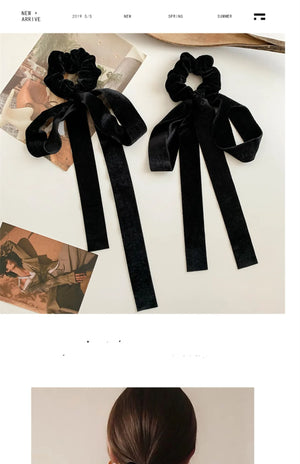 Velvet bow scrunchie hair tie by Hot Trend Vault, soft elastic hair accessory for women and girls, featuring a stylish velvet bow.