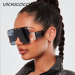 VICKICOCO oversized square vintage metal frame sunglasses with rivet details, unisex eyewear, stylish and trendy for sunny days