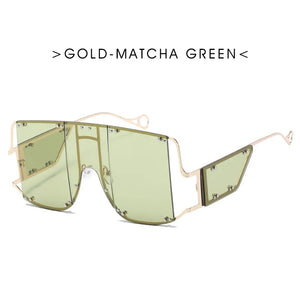 VICKICOCO oversized square sunglasses with vintage metal frame and rivet details, unisex eyewear style, in a trendy design.