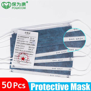 Box of 50 Hot Trend Vault carbon disposable face masks, dustproof and anti-fog for adults, with ear loops and breathable material.