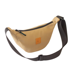 Latte round mini vegan leather shoulder bag with Kenyan fabric lining, stylish Ecodunia crossbody bag for casual wear.