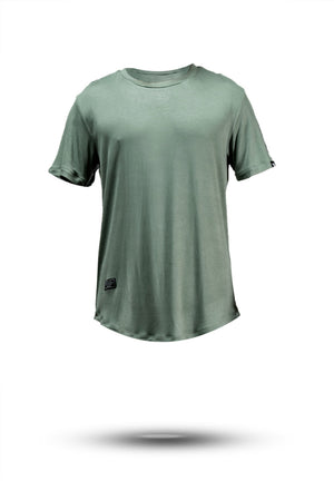 Men wearing Hot Trend Vault men's Terra Tee in Ironwood, moisture-wicking and odor-resistant bamboo shirt.