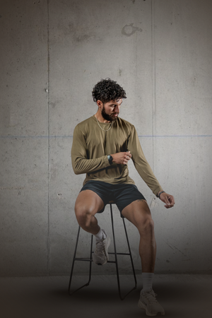 Men's Timber Performance Terra Recovery Field Shirt in amber, long sleeve, by Hot Trend Vault, shown on a model.