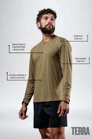Men's Timber Performance Terra Recovery Field Shirt by Hot Trend Vault, long sleeve shirt in amber color with rugged outdoor style.