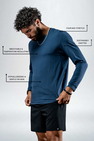 Men's Terra Recovery Field Shirt in Deepline Blue, a long sleeve shirt by Hot Trend Vault designed for recovery and movement.