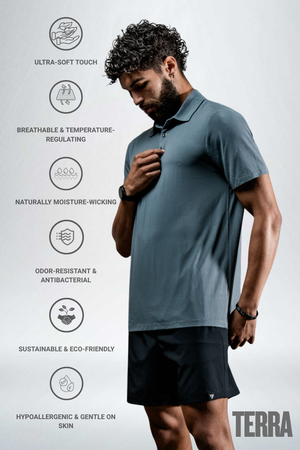 Men's Hot Trend Vault Terra Recovery Polo in ash gray, showcasing a comfortable and stylish men's polo shirt.