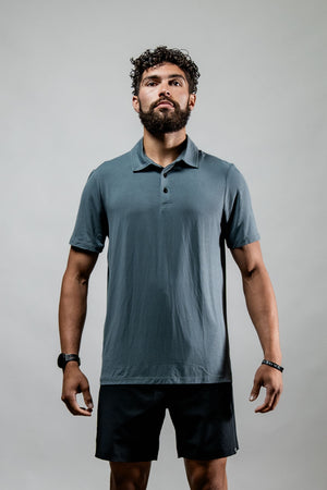 Men's Ash Gray Terra Recovery Polo by Hot Trend Vault, featuring comfortable fit and casual style, shown on a model.