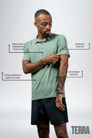 Men's Terra Recovery Polo by Hot Trend Vault in low light olive, showing a comfortable polo shirt with a classic collar and short sleeves.