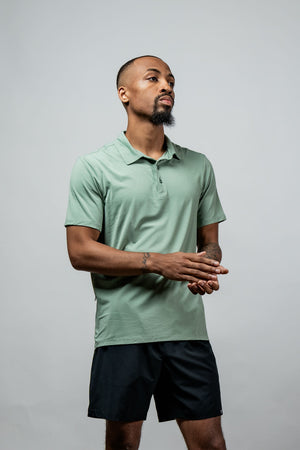 Men's olive green Terra Recovery Polo by Hot Trend Vault, showcasing a casual fit with a classic collar and short sleeves.