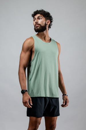 Men's olive green Terra Recovery Tank Top by Hot Trend Vault, featuring a low light design for everyday movement and active wear.