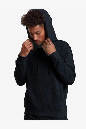 SpectraUSA heavyweight fleece pullover hoodie in black, made from 10 oz cotton-polyester blend, featuring a cozy fleece interior.