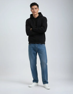Black heavyweight fleece pullover hoodie by SpectraUSA, made from 10 oz cotton-polyester blend, full-body view.