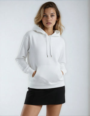 Women's white heavyweight fleece hoodie by SpectraUSA, P2016 premium 10 oz cotton-polyester blend, shown on a model.