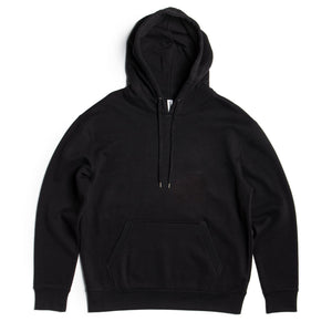 Black heavyweight fleece pullover hoodie by SpectraUSA, made from 10 oz cotton-polyester blend, men's casual sweatshirt.