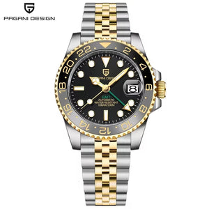 Luxury PAGANI DESIGN GMT men's watch with sapphire crystal, automatic movement, 40mm case, featuring a stylish design.